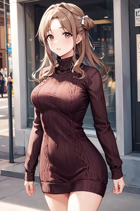 masterpiece, best quality, highres, hmhinana, long hair, single side bun, hair ribbon, <lora:ichikawa_hinana_v1:0.7>, cowboy shot, walking, street, turtleneck, virgin killer sweater, ribbed sweater, long sleeves,
