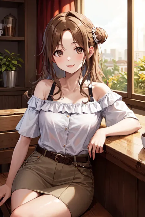 masterpiece, best quality, highres, hmhinana, long hair, single side bun, jewelry, collarbone, off-shoulder shirt, white shirt, puffy short sleeves, belt, skirt, floral print, <lora:ichikawa_hinana_v1:0.7>, indoors, cafe, coffe, cup, sitting, table, window, smile