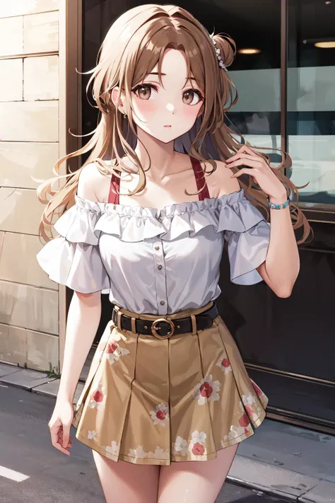 masterpiece, best quality, highres, hmhinana, long hair, single side bun, jewelry, collarbone, off-shoulder shirt, white shirt, puffy short sleeves, belt, skirt, floral print, <lora:ichikawa_hinana_v1:0.7>, outdoor, street, standing