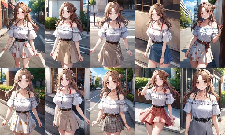 masterpiece, best quality, highres, hmhinana, long hair, single side bun, jewelry, collarbone, off-shoulder shirt, white shirt, puffy short sleeves, belt, skirt, floral print, <lora:ichikawa_hinana_v1:0.7>, outdoor, street, standing