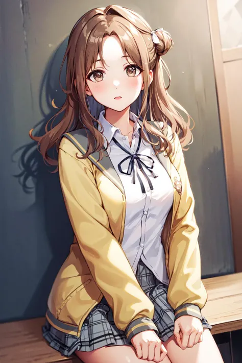 masterpiece, best quality, highres, hmhinana, long hair, single side bun, hair ribbon, neck ribbon, school uniform, white shirt, yellow cardigan, open clothes, long sleeves, plaid skirt, grey skirt, pleated skirt, <lora:ichikawa_hinana_v1:0.7>