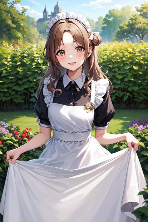 masterpiece, best quality, highres, hmhinana, long hair, single side bun, hair ribbon, <lora:ichikawa_hinana_v1:0.7>, maid, maid headdress, maid apron, garden, skirt hold, smile