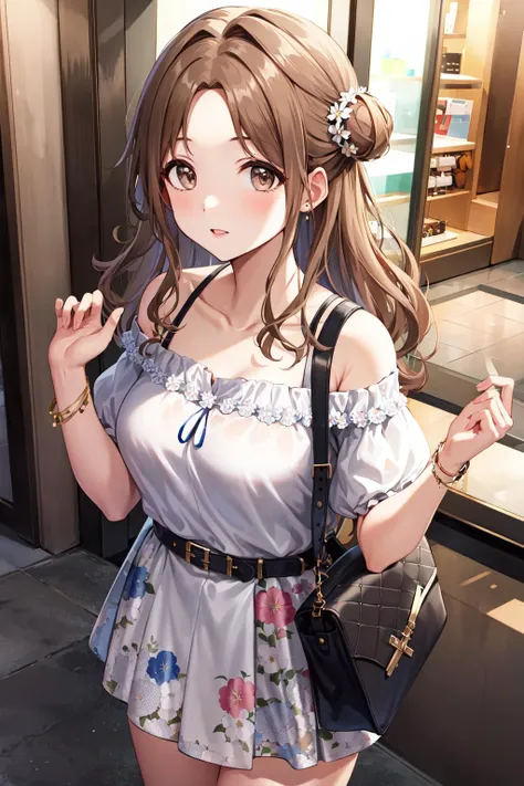 masterpiece, best quality, highres, hmhinana, long hair, single side bun, jewelry, collarbone, off-shoulder shirt, white shirt, puffy short sleeves, belt, skirt, floral print, <lora:ichikawa_hinana_v1:0.7>, standing, hand bag, mall,