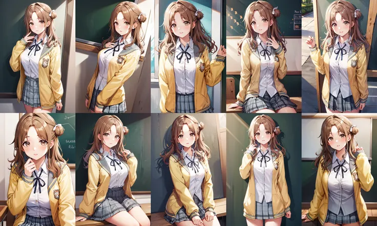 masterpiece, best quality, highres, hmhinana, long hair, single side bun, hair ribbon, neck ribbon, school uniform, white shirt, yellow cardigan, open clothes, long sleeves, plaid skirt, grey skirt, pleated skirt, <lora:ichikawa_hinana_v1:0.7>
