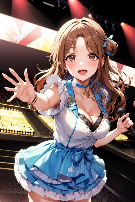 masterpiece, best quality, highres, hmhinana, long hair, single hair bun, hair ribbon, blue choker, idol, jewelry, collarbone, cleavage, dress, short sleeves, layered skirt, badge, <lora:ichikawa_hinana_v1:0.7>, smile, standing, cowboy shot, stage, holding microphone, open mouth, reaching out,