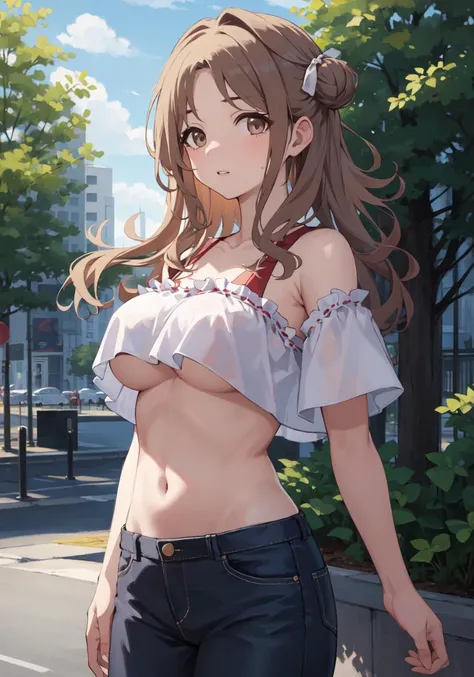 masterpiece, best quality, highres, 1girl,  jean, crop top, underboob, cowboy shot, standing, outdoors,<lora:ichikawa_hinana_v1:0.7>hmhinana, long hair, single side bun, hair ribbon,public hair