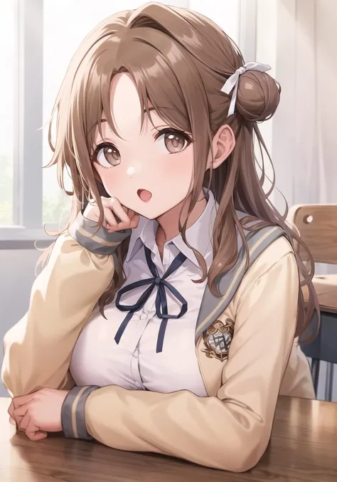 masterpiece, best quality, highres,hmhinana, long hair, single side bun, hair ribbon, neck ribbon, school uniform, white shirt, yellow cardigan,open clothes, long sleeves, plaid skirt, grey skirt, pleated skirt, <lora:ichikawa_hinana_v1:0.7>,smile,,open clothes,:o,large breasts,head rest