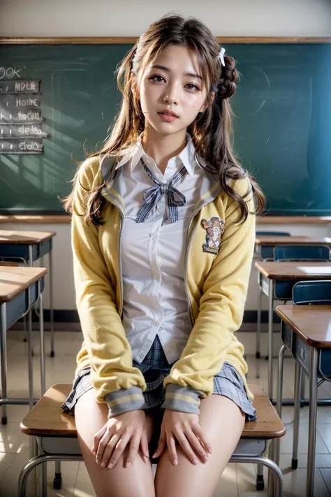 (realistic:1.3), finely detailed, quality, rembrandt lighting, (masterpiece:1.2), (photorealistic:1.2), (best quality), (detailed skin:1.3), (intricate details), dramatic, ray tracing, 1girl, japanese girl, 21 years old, detailed skin texture, (blush:0.5), (goosebumps:0.5), subsurface scattering, smiling, medium breasts, hmhinana, long hair, single side bun, hair ribbon, neck ribbon, school uniform, white shirt, yellow cardigan, open clothes, long sleeves, plaid skirt, grey skirt, pleated skirt, full body, (bright sunny day, school classroom, blackboard, school desks, chairs), <lora:ichikawa_hinana_v1:0.7>