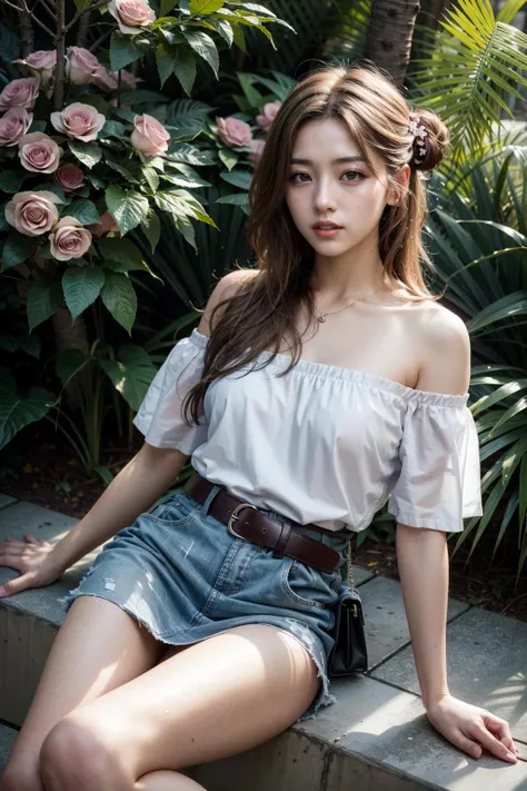 (realistic:1.3), finely detailed, quality, rembrandt lighting, (masterpiece:1.2), (photorealistic:1.2), (best quality), (detailed skin:1.3), (intricate details), dramatic, ray tracing, 1girl, japanese girl, 21 years old, detailed skin texture, (blush:0.5), (goosebumps:0.5), subsurface scattering, smiling, medium breasts, hmhinana, long hair, single side bun, jewelry, collarbone, off-shoulder shirt, white shirt, puffy short sleeves, belt, skirt, floral print, full body, (bright sunny day, outdoors, trees, bushes, flowers), <lora:ichikawa_hinana_v1:0.7>