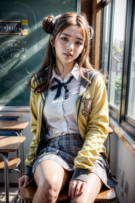 (realistic:1.3), finely detailed, quality, rembrandt lighting, (masterpiece:1.2), (photorealistic:1.2), (best quality), (detailed skin:1.3), (intricate details), dramatic, ray tracing, 1girl, japanese girl, 21 years old, detailed skin texture, (blush:0.5), (goosebumps:0.5), subsurface scattering, smiling, medium breasts, hmhinana, long hair, single side bun, hair ribbon, neck ribbon, school uniform, white shirt, yellow cardigan, open clothes, long sleeves, plaid skirt, grey skirt, pleated skirt, full body, (bright sunny day, school classroom, blackboard, school desks chairs, window), <lora:ichikawa_hinana_v1:0.7>