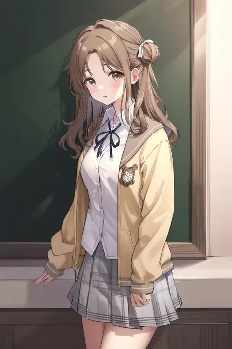 masterpiece, best quality, highres, hmhinana, long hair, single side bun, hair ribbon, neck ribbon, school uniform, white shirt, yellow cardigan, open clothes, long sleeves, plaid skirt, grey skirt, pleated skirt, <lora:ichikawa_hinana_v1:0.7>