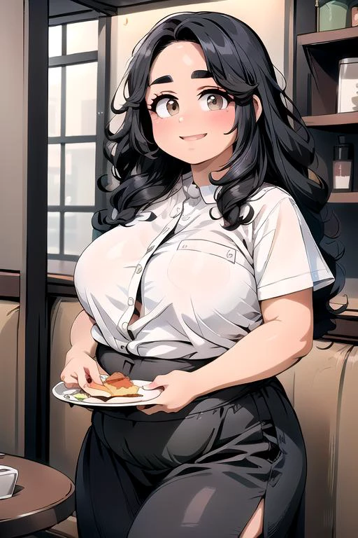 (masterpiece:1.4), high quality, high definition, sharp focus, detailed clothes, detailed body, detailed face, best quality, 4k, 8k, absurd resolution, intricate detail, detailed hands, (detailed eyes:1.3), highly detailed, highres, extremely detailed, <lora:hyperdenoiser_v090:0.6>, seductive smile, <lora:perfetfingers:1>, (large breasts), (parted bangs:1.6), <lora:hyperrefiner_v090:0.6>, <lora:add_detail:0.3>, <lora:ETO_OC:0.2> ETO-OC, <lora:ETO_OCC006:0.7>, ETO_OCC, (curly hair:1.3), (long hair:1.1), black hair, thick eyebrows, curvy, (plump:1.5), fat, 1girl, (hazel eyes:1.3), smiling, looking at viewer, mature female, <lora:waitressV2:0.8>, waitress, holding, restaurant, tray, food, uniform, two plates, wearing pleated skirt, shirt,