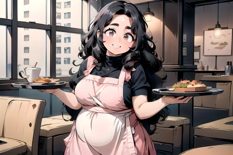 (masterpiece:1.4), high quality, high definition, sharp focus, detailed clothes, detailed body, detailed face, best quality, 4k, 8k, absurd resolution, intricate detail, detailed hands, (detailed eyes:1.3), highly detailed, highres, extremely detailed, <lora:hyperdenoiser_v090:0.6>, seductive smile, <lora:perfetfingers:1>, (large breasts), (parted bangs:1.6), <lora:hyperrefiner_v090:0.6>, <lora:add_detail:0.3>, <lora:ETO_OC:0.2> ETO-OC, <lora:ETO_OCC006:0.7>, ETO_OCC, (curly hair:1.3), (long hair:1.1), black hair, thick eyebrows, curvy, (plump:1.5), fat, 1girl, (hazel eyes:1.3), smiling, looking at viewer, mature female, <lora:waitressV2:0.6>, waitress, holding, restaurant, tray, food, uniform, two plates, wearing pleated skirt, shirt, serving, (holding a tray of food:1.4), indoors, window, menu, standing, (pink apron:1.4), (pink skirt:1.4), full body, (short sleeves:1.4), wooden table,