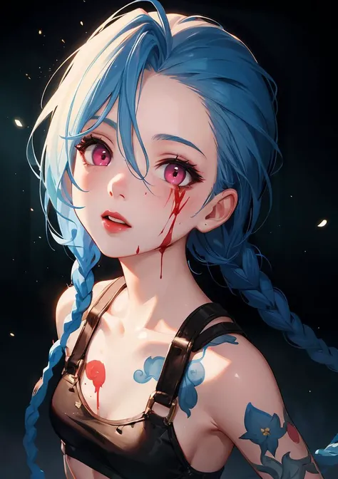 (full body, portrait), illustration of (jinxlol, 1girl), (shiny pink eyes, blue hair), medium breasts, arm tattoo, stomach tattoo, (blood on face:1.2), (best quality, high-quality, masterpiece:1.2, most detailed illustration, HD wallpaper, 4k full HD, very detailed eyes), (ecstasy of light and shadow, volumetric light and shadows, light particles, bloom), (contest winner illustration), by lee jeffries <lora:JinxLol:1>
