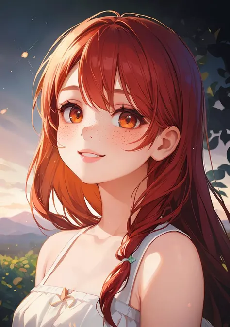 (impressive portrait), illustration of (young girl), (beautiful face, cute face, kawaii face), (redhead girl, pale skin, freckles, long hair, cute smile, blushing, white dress, bare shoulders), (beautiful background, nature in background), (best quality, high-quality, masterpiece:1.2, most detailed illustration, HD wallpaper, 4k full HD), (ecstasy of light and shadow, volumetric light and shadows:1.2, light particles, bloom:1.2), (contest winner illustration by lee jeffries)