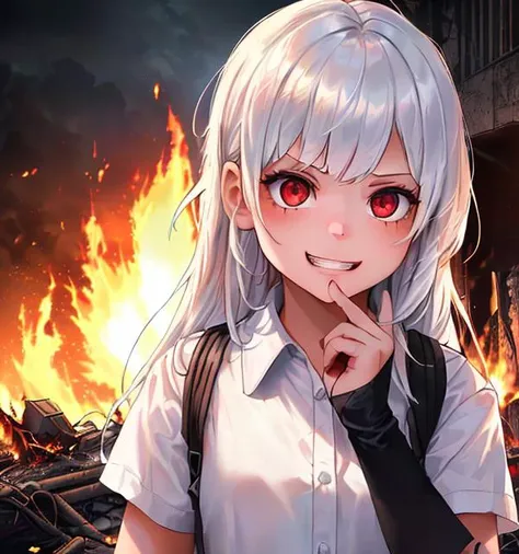 anime style, model shoot style, (upper body) (close portrait:1.4) of a (( girl:1.8)), (1girl:1.3), (young girl, small body), (white hair, long hair:1.3, men's large white shirt:1.4), ((pretty face: 1.7, perfect face:1.5, shaded face, evil grin,yandere trance,yandere )), (best quality:1.5, hyperrealistic:1.5, photorealistic:1.4, Madly detailed CG unity 8k wallpaper:1.5, masterpiece:1.3, Madly detailed photo:1.2), (hyper-realistic lifelike texture:1.4, realistic red_eyes:1.2), (octane render, unreal engine 5), (background : apocalyptic,fire,explosion, ecstasy of red_light and shadow:1.5, deep shadow:1.5), (sony a7, 50 mm, film grain:1.5, 4K UHD HDR), (photo by lee jeffries, Greg Rutkowski and Magali Villanueva, contest winner:1.4) yandere_pose , hands on own cheeks,