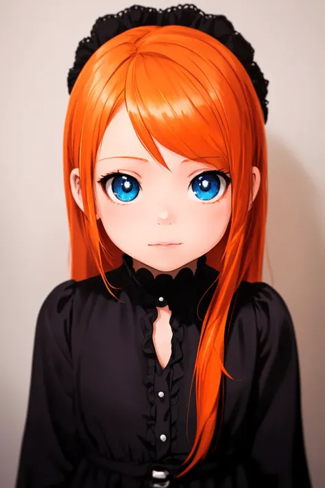 anime style, model shoot style, (upper body), photo of a ( girl :1.6) with (orange hair, long hair:1.3) and blue eyes is wearing a black dress and is looking at the camera with a curious look on her face, Artgerm, anime art, gothic art