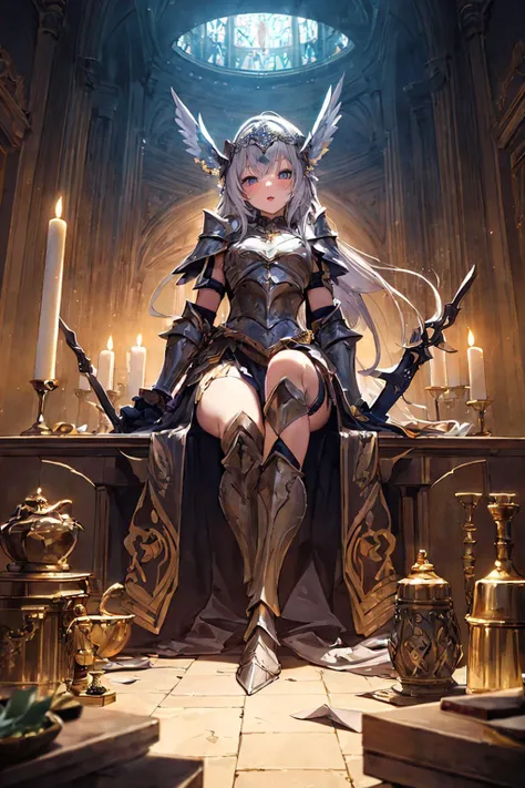 (masterpiece, top quality, best quality, official art, beautiful and aesthetic:1.3), (1girl:1.3), extreme detailed, colorful, highest detailed,((ultra-detailed)), (highly detailed CG illustration), ((an extremely delicate and beautiful)), cinematic light, petite, solo, (abstract art:1), portrait, active pose, over head lighting, sitting, relics, god, myths, goddess, relics, royal, armored dress, weapon, valkyrie,