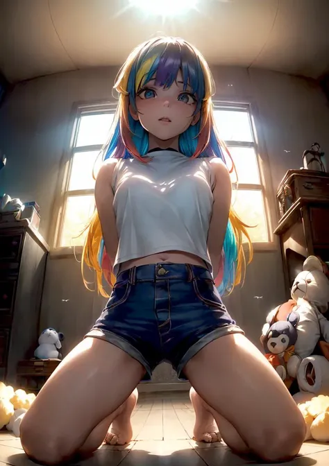 anime style, model shoot style, (colorful:1.8) photo of a girl in a bedroom, 1girl, (short white t-shirt, shorts), ((kneeling, open legs:1.2, arms behind back:1.5)),
(albino girl:1.5, white long hair:1.2), (stuffed animals in the background:1.5), depth of field, (fisheye lens:1.3, from below:1.4), ((pretty face: 1.7, perfect face:1.5)),
(best quality:1.5, hyperrealistic:1.5, photorealistic:1.4, Madly detailed CG unity 8k wallpaper:1.5, masterpiece:1.3, Madly detailed photo:1.2),
(hyper-realistic lifelike texture:1.4, realistic eyes:1.2), (octane render, unreal engine 5), (ecstasy of light and shadow:1.5, deep shadow:1.5), (sony a7, 50 mm, film grain:1.5, 4K UHD HDR),
(photo by lee jeffries, Greg Rutkowski and Magali Villanueva, contest winner:1.4) <lora:add_detail:0.3>