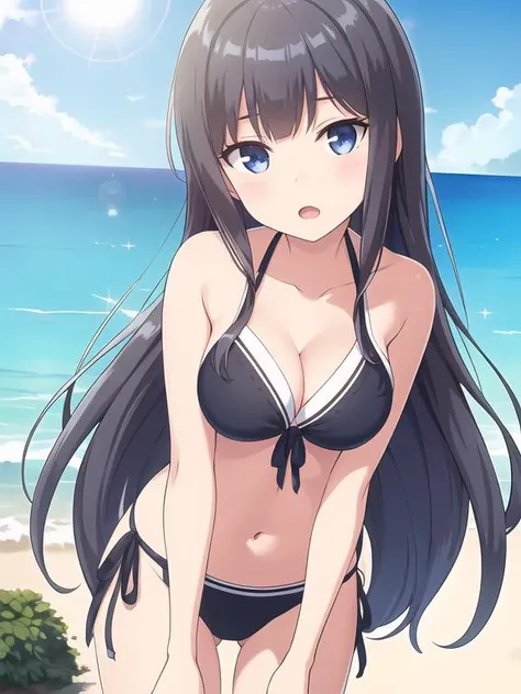 best quality, (masterpiece:1.2), highly detailed, (masterpiece), (illustration),
beach, day, sunlight,
standing, bent over, from below,
black bikini, collarbone, cleavage,
solo, 1girl, long hair, black hair, bangs, eyebrows visible through hair, blue eyes, very long hair, lens flare, glint, medium breasts,
shy, blush, (looking at viewer), facing viewer, POV, open mouth,
<lora:Aoi:0.7>