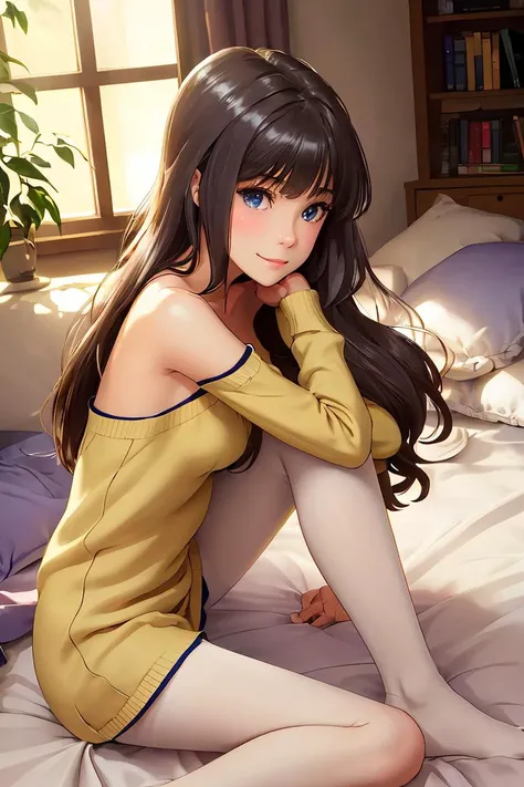 best quality, (masterpiece:1.2), highly detailed, (masterpiece), (illustration),
sitting, on bed, indoor, (from side), (face), (face focus),
(hugging own legs:1.2), head tilt,
brown sweater, long sleeves, bare shoulders, collarbone, strapless,
black pantyhose,
solo, 1girl, long hair, black hair, bangs, eyebrows visible through hair, blue eyes, very long hair, lens flare, glint, medium breasts,
shy, blush, (looking at viewer), facing viewer, POV, light smile, <lora:Aoi:1>