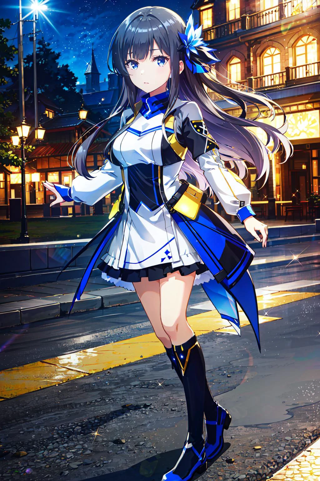 official art,extremely detailed CG unity 8k wallpaper, perfect lighting,Colorful, (highres, best quality, very high resolution, highres, absurd res, high rating, ultra detailed 8k cg), (dramatic lighting), (rim lighting), (volumetric lighting:1.5), (best shadow), (sharp focus:1.15), (masterpiece:1.0),(best_quality:1.0), ultra high res,4K, professional photograph, full body framing, <lora:GoodHands-vanilla:2> <lora:neg4all_bdsqlsz_V3.5:1> <lora:Aoi:1>solo, 1girl, long hair, black hair, bangs, eyebrows visible through hair, blue eyes, very long hair, lens flare, glint, medium breasts,