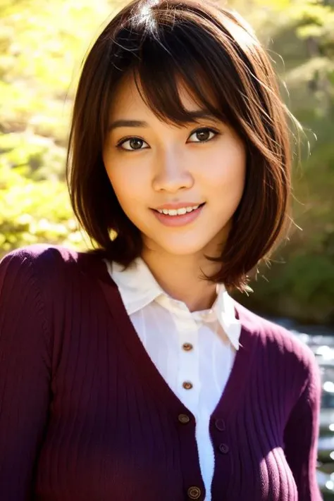 portrait, 8K, high quality, realistic photo images, 39 years old, japanese woman, clear,sexy, Wearing a knitted sweater,Reproduces natural and realistic eyes, japanese stand, waiting for someone, beautiful brown hair, beautiful lighting, golden ratio composition, hair combing gesture, natural background, garden, 4K, high quality, realistic photo images, beautiful, chest, Neat beauty,