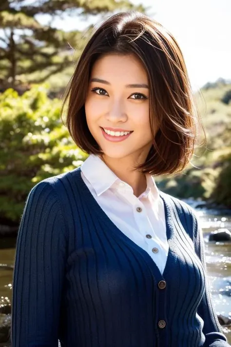 1girl,(wearing a blouse and cardigan:1.2),(RAW photo, best quality), (realistic, photo-realistic:1.4), masterpiece, an extremely delicate and beautiful, extremely detailed, 2k wallpaper, Amazing, finely detail, extremely detailed CG unity 8k wallpaper, ultra-detailed, highres, soft light, beautiful detailed girl, extremely detailed eyes and face, beautiful detailed nose, beautiful detailed eyes,cinematic lighting,in a beautiful forest of pine trees at a Japanese countryside,autumn scenery,maple trees in autumn,by a small rocky river,morning light,perfect anatomy,slender body,smiling, <lora:haramikie_lora:0.8>