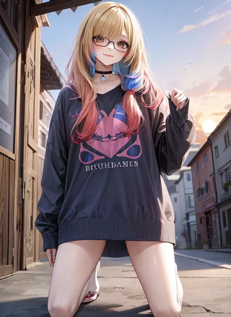 ((best quality)), ((highly detailed)), absurdres, (detailed eyes, deep eyes), (1girl), (glasses), depth of field, full body, ((wide shot)), <lora:oversized_shirt_v0.2:1>, oversized clothes, oversized shirt, long sleeves, <lora:hairdetailer:.8>, gyaru, (((multicolored hair))), ((blonde hair and pink hair)), <lora:DipDyedHair:1>, ((blue IncursioDipDyedHair:1.35)), red IncursioDipDyedHair:1.3, brown eyes, smiling, jewelry, bracelets, piercings, scrunchies, (outdoors, in a village, sunset), kneeling,