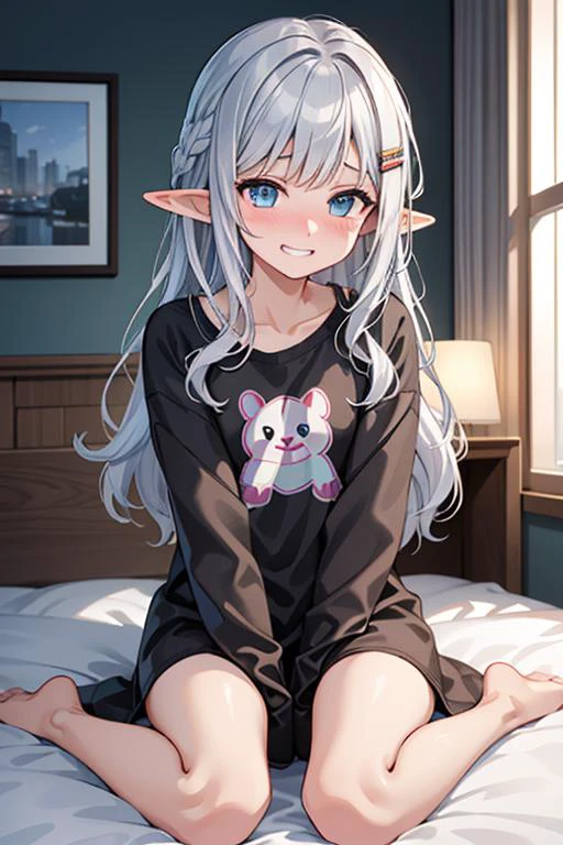 (best quality:1.2) (4k:1.) (highres:1.1) , (ultra detailed CG:1.1) ,
1girl elf , solo , (detailed face:1) , (silver wavy hair:1) , (small breasts:1) , <lora:oversized_shirt_v0.2:1> (oversized shirt:1) , (oversized clothes:1) , sleeves past wrists , long sleeves , cartoon print , animal print , nose blush , grin , sitting on bed , wariza , hair ornaments , missing hands , hair clip , <lora:epiCRealismHelper:1> <lora:hyperdetailer_v095:.4>