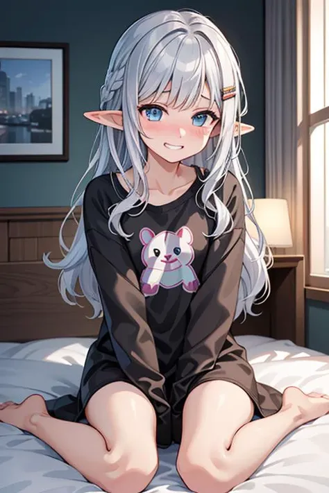 (best quality:1.2) (4k:1.) (highres:1.1) , (ultra detailed CG:1.1) ,
1girl elf , solo , (detailed face:1) , (silver wavy hair:1) , (small breasts:1) , <lora:oversized_shirt_v0.2:1> (oversized shirt:1) , (oversized clothes:1) , sleeves past wrists , long sleeves , cartoon print , animal print , nose blush , grin , sitting on bed , wariza , hair ornaments , missing hands , hair clip , <lora:epiCRealismHelper:1> <lora:hyperdetailer_v095:.4>