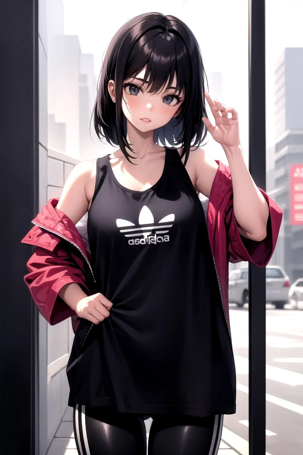 <lora:oversized_shirt_v0.2:1.2>
1girl, yoga pants, tank top, oversized clothes, adidas, cowboy shot,, masterpiece, best quality, highly detailed