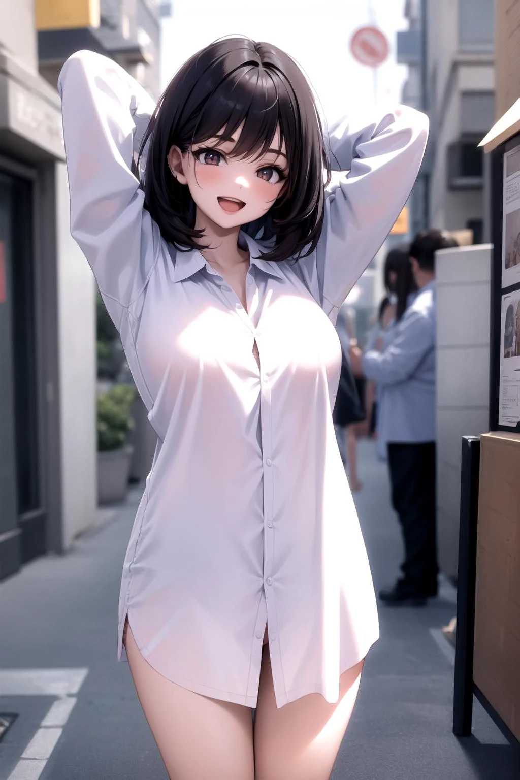 <lora:oversized_shirt_v0.2:1.4>
1girl, collared shirt, arms up, street, :d, sleeves past wrists, naked shirt,, masterpiece, best quality, highly detailed