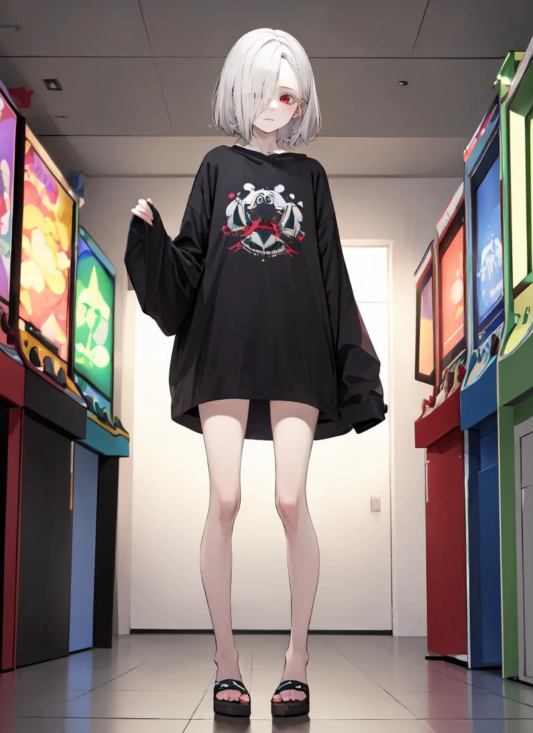 ((best quality)), ((highly detailed)), masterpiece, absurdres, (detailed eyes, deep eyes), (1girl), different views, full body, ((wide shot)), <lora:oversized_shirt_v0.2:1>, oversized clothes, oversized sweater, albino, white hair, short hair, red eyes, <lora:whiteeyelash:1.5>, eyelashes, very pale skin, <lora:skinnyv2:1>, skinny, (long legs), (indoors, in an arcade)