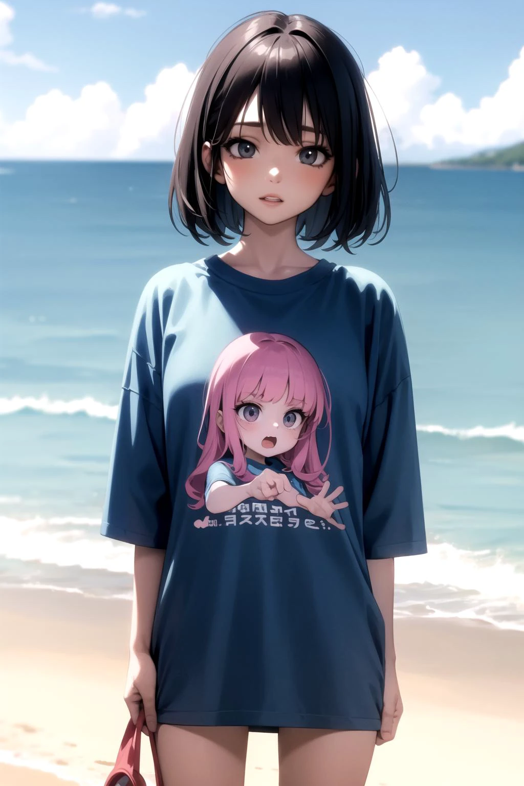 <lora:oversized_shirt_v0.2:1.0>
1girl, t-shirt, beach, cartoon print,, masterpiece, best quality, highly detailed