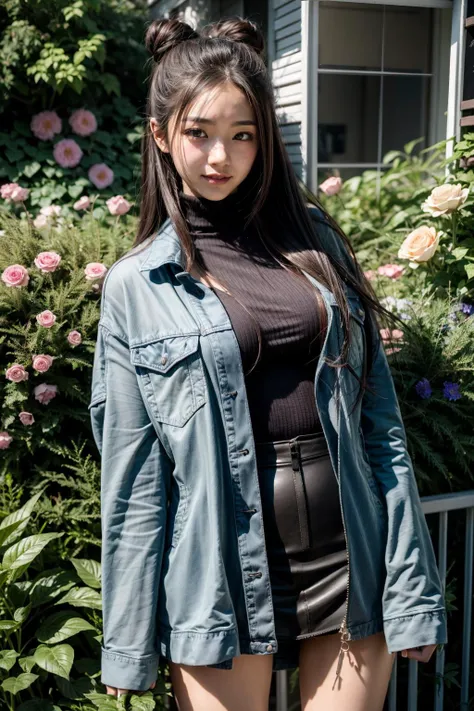 (realistic:1.3), finely detailed, quality, rembrandt lighting, (masterpiece:1.2), (photorealistic:1.2), (best quality), (detailed skin:1.3), (intricate details), dramatic, ray tracing, 1girl, japanese girl, 21 years old, detailed skin texture, (blush:0.5), (goosebumps:0.5), subsurface scattering, smiling, medium breasts, hairbun, bangs, hair between eyes, denim jacket, (sleeves past wrists:1.4), oversized jacket, open jacket, turtleneck sweater, pleated skirt, cowboy shot, (bright sunny day, outdoors, garden, flowers, bushes, sky), <lora:oversized_shirt_v0.2:1>