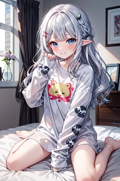 (best quality:1.2) (4k:1.) (highres:1.1) , (ultra detailed CG:1.1) ,
1girl elf , solo , (detailed face:1) , (silver wavy hair:1) , (small breasts:1) , <lora:oversized_shirt_v0.2:1> (oversized shirt:1) , (oversized clothes:1) , sleeves past wrists , long sleeves , cartoon print , animal print , nose blush , grin , sitting on bed , wariza , hair ornaments , missing hands , hair clip , <lora:epiCRealismHelper:1> <lora:hyperdetailer_v095:.4>