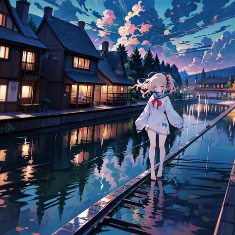 anime girl walking on a bridge over a river at night