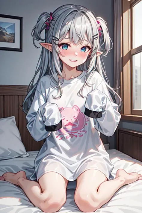(best quality:1.2) (4k:1.) (highres:1.1) , (ultra detailed CG:1.1) ,
1girl elf , solo , (detailed face:1) , (silver wavy hair:1) , (small breasts:1) , <lora:oversized_shirt_v0.2:1> (oversized shirt:1) , (oversized clothes:1) , sleeves past wrists , long sleeves , cartoon print , animal print , nose blush , grin , sitting on bed , wariza , hair ornaments , missing hands , hair clip , <lora:epiCRealismHelper:1> <lora:hyperdetailer_v095:.4>