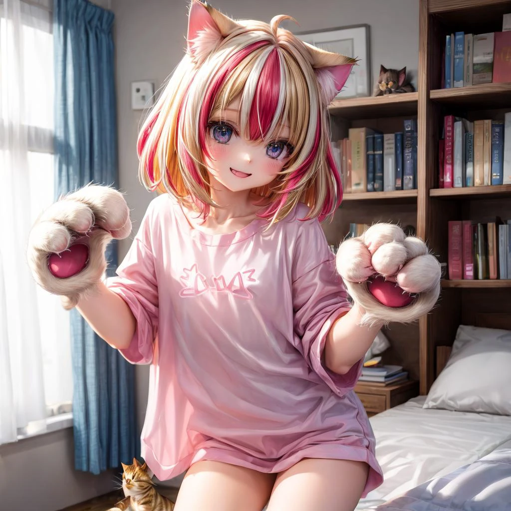 (cat hands:1.5), cat ears, fur, fluffy, detail,
cute pajamas,
(blonde hair),lacquer red hair,((streaked hair)),short cut,ahoge,
girl, (petite:1.2), smile,
kawaii, pastel colors, cute colors,
thighs,
Blue curtains, pink bed, fluorescent lights, bookshelf <lora:more_details:0.8> <lora:oversized_shirt_v0.2:0.8>