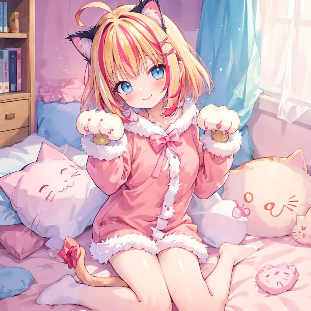 (cat hands:1.5), cat ears, fur, fluffy, detail,
cute pajamas,paw pose,head tilt
(blonde hair),lacquer red hair,((streaked hair)),short cut,ahoge,
girl, (petite:1.2), smile,
kawaii, pastel colors, cute colors,
thighs,
Blue curtains, pink bed, fluorescent lights, bookshelf <lora:oversized_shirt_v0.2:0.8> <lora:utsurome_v5:0.8>