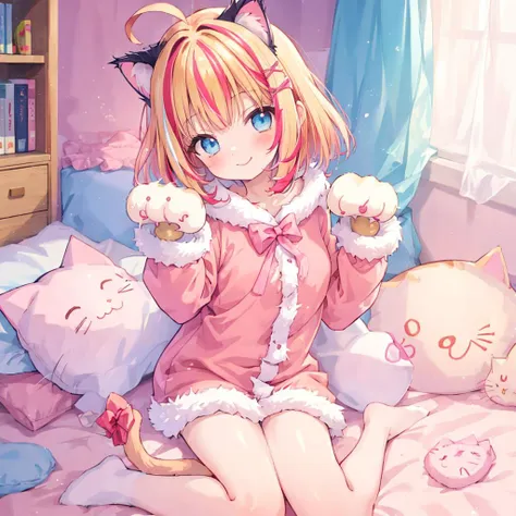 (cat hands:1.5), cat ears, fur, fluffy, detail, 
cute pajamas,paw pose,head tilt
(blonde hair),lacquer red hair,((streaked hair)),short cut,ahoge,
girl, (petite:1.2), smile, 
kawaii, pastel colors, cute colors,
thighs, 
Blue curtains, pink bed, fluorescent lights, bookshelf <lora:oversized_shirt_v0.2:0.8> <lora:utsurome_v5:0.8>