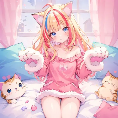 (cat hands:1.5), cat ears, fur, fluffy, detail,
cute pajamas,paw pose,head tilt
(blonde hair),lacquer red hair,((streaked hair)),short cut,ahoge,
girl, (petite:1.2), smile,
kawaii, pastel colors, cute colors,
thighs,
Blue curtains, pink bed, fluorescent lights, bookshelf <lora:oversized_shirt_v0.2:0.8> <lora:utsurome_v5:0.8>