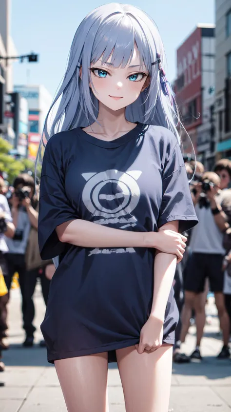 masterpiece, best quality, highres, 1girl, aatsumugi, (sky blue hair:1.2), long hair, low-tied long hair, blunt bangs, hairclip, <lora:shiraishi_tsumugi_v1:0.7>, looking at viewers, smile, t-shirt, naked shirt, public, (photographers:1.0), (skindention:1.4), leaning front, <lora:gekioko_v250:1> <lora:public_v3.0-locon:1> <lora:oversized_shirt_v0.2:1>
