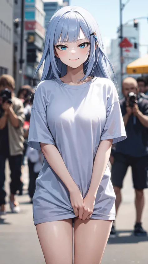 masterpiece, best quality, highres, 1girl, aatsumugi, (sky blue hair:1.2), long hair, low-tied long hair, blunt bangs, hairclip, <lora:shiraishi_tsumugi_v1:0.7>, looking at viewers, smile, t-shirt, naked shirt, public, (photographers:1.0), (skindention:1.4), leaning front, <lora:gekioko_v250:1> <lora:public_v3.0-locon:1> <lora:oversized_shirt_v0.2:1>