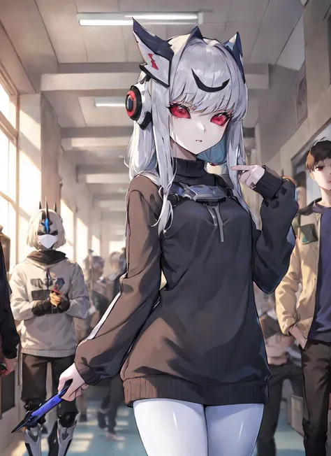 ((best quality)), ((highly detailed)), masterpiece, absurdres, detailed face, beautiful face, (detailed eyes, deep eyes), (1girl), fisheye lense, dynamic pose, cowboy shot, <lora:oversized_shirt_v0.2:1>, oversized clothes, oversized sweater, long sleeves, sleeves past wrists, ((robot_girl)), robot limbs, robot body, (iridium_(material)), mechanization, (metallic skin:1.33), lights, LEDs, wires, cables, shiny skin, robot joints, (metal hair:1.3), (horned helmet, covered face, mask, hidden face, <lora:solidEyes_v70:1>, Burgundy eyes, solid eyes, colored sclerae, medium breasts, holding a sword, (inside, <lora:school_hallway_v0.1:1>, school hallway, BREAK (((multiple boys,multiple girls))))