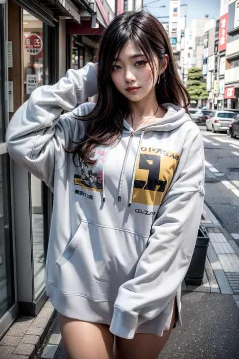(realistic:1.3), finely detailed, quality, rembrandt lighting, (masterpiece:1.2), (photorealistic:1.2), (best quality), (detailed skin:1.3), (intricate details), dramatic, ray tracing, 1girl, japanese girl, 21 years old, detailed skin texture, (blush:0.5), (goosebumps:0.5), subsurface scattering, smiling, medium breasts, high ponytail hair, bangs, hair between eyes, hoodie, (sleeves past wrists:1.4), oversized hoodie, bare thighs, cowboy shot, (bright sunny day, outdoors, tokyo, footpath, shops, sky), <lora:oversized_shirt_v0.2:1>