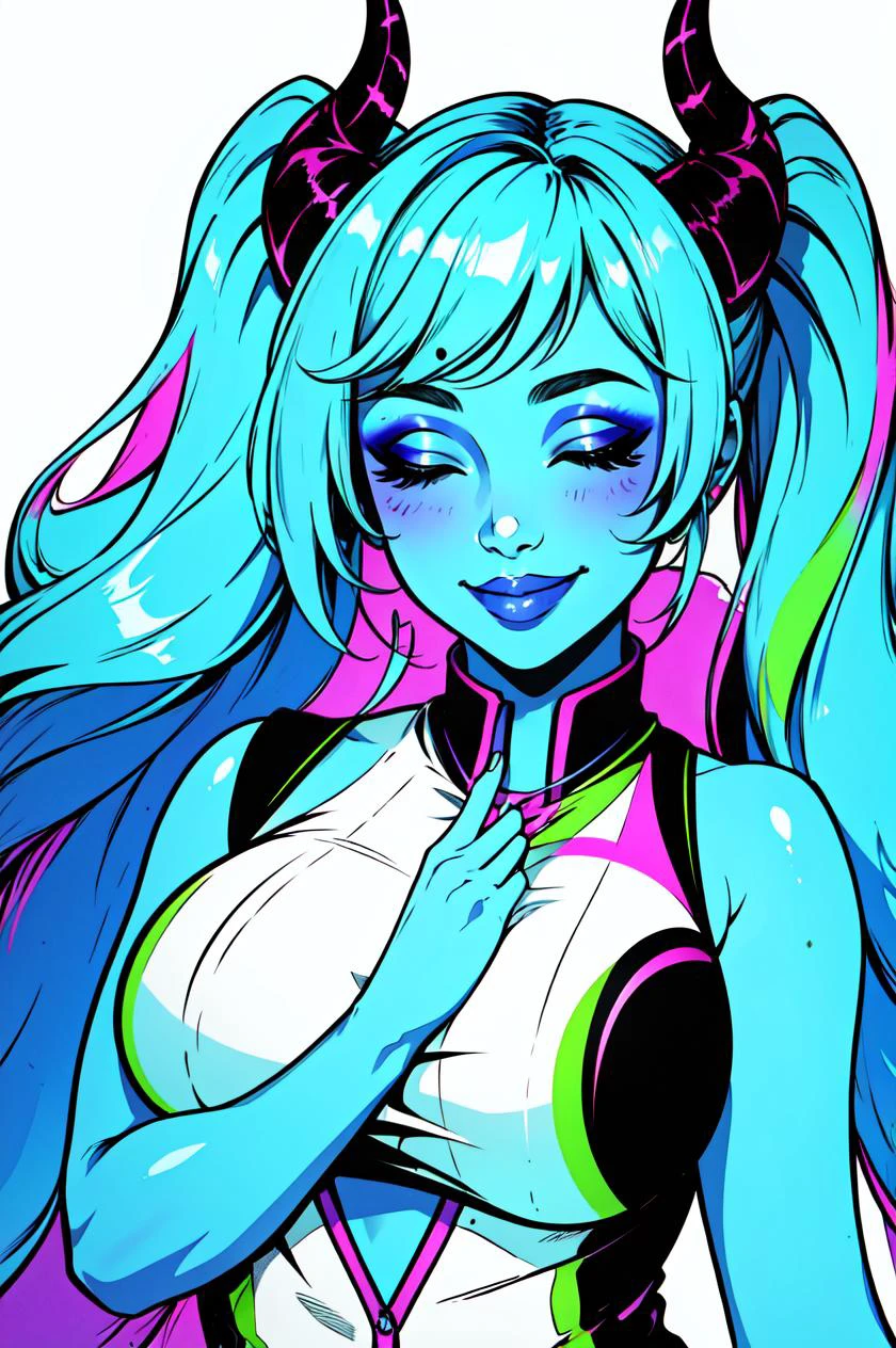 1girl, solo, looking at viewer, smile, bangs, large breasts, twintails, closed eyes, upper body, horns, makeup, colored skin, vivid colors