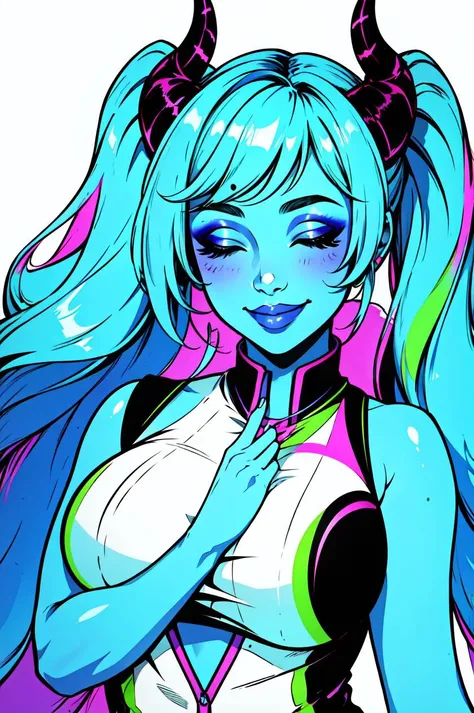 1girl, solo, looking at viewer, smile, bangs, large breasts, twintails, closed eyes, upper body, horns, makeup, colored skin, vivid colors