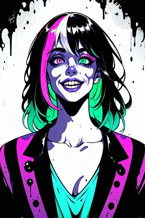 official art, 1 girl, solo, large breasts, (poltergeist, fantasy scene, demon), (demonic, semi realistic, demonic, shiny skin, textured skin),holographic eyes, heterochromia, purple eyes, striped jacket,striped shirt, two tone hair, streaked hair, multicolored hair, red hair, green hair, wild hair, evil scene,teeth, side lighting, ray tracing, depth of field, solo, extreme light and shadow, masterpiece, post apocalyptic, sexy, beautiful , scary, rich in detail,(detailed eyes), (handsome) detailed, (dirt splotches), (horror theme), (beetlejuice), detailed eyes,(straight-on),(masterpiece), (best quality), (ultra-detailed), (best illustration),(best shadow),rim lighting, beetlejuice, ((Beetlejuice)), crazy grin, crazy expression,